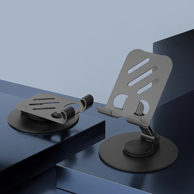 CY010 collapsible telescopic metal stand dark gray showing folded flat and extended positions on dark blue surface