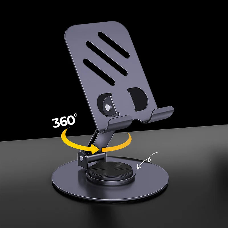 CY010 360 degree rotating collapsible metal phone stand dark gray showing 360 rotation arrow on black background