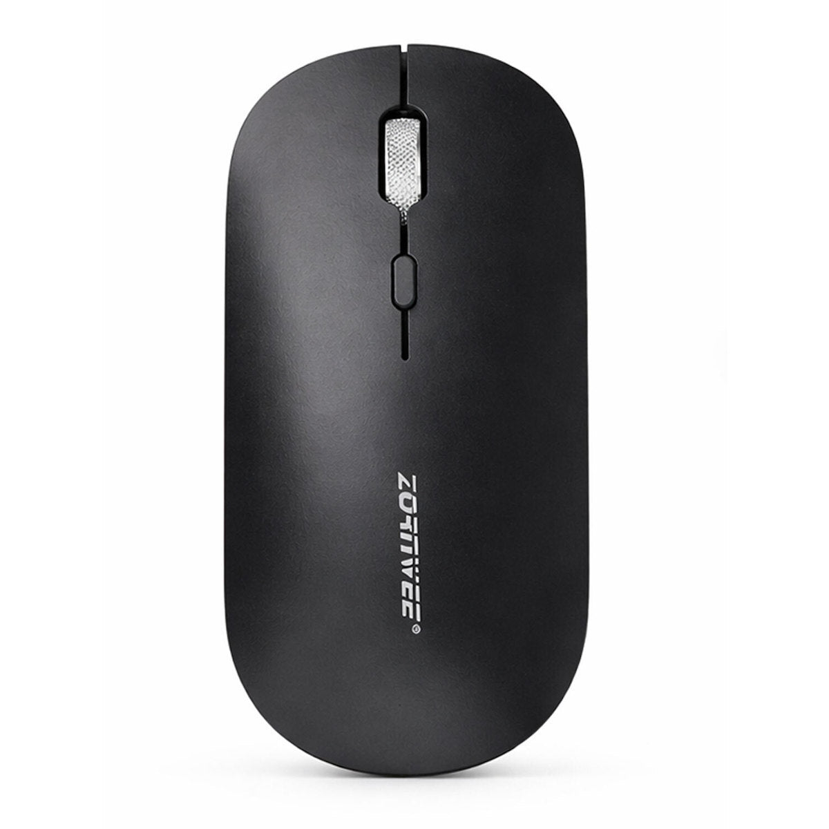 Zornwee M666 wireless mouse top view on white background showing matte black finish and silver scroll wheel
