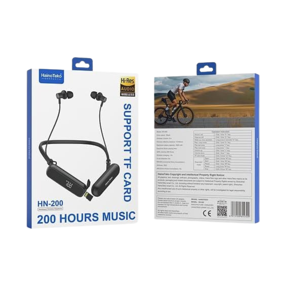 HainoTeko HN-200 neckband wireless earphone box front and back view showing 200 Hours Music and TF Card support on white background