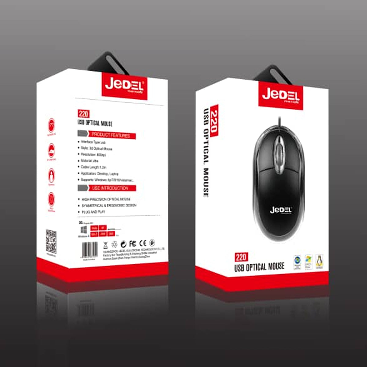Jedel 220 USB optical mouse original retail box front and back view showing product features and specifications on gray background