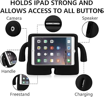 Kids iGuy shockproof iPad case black infographic showing camera, speaker, handle, freestand and charging port access cutouts