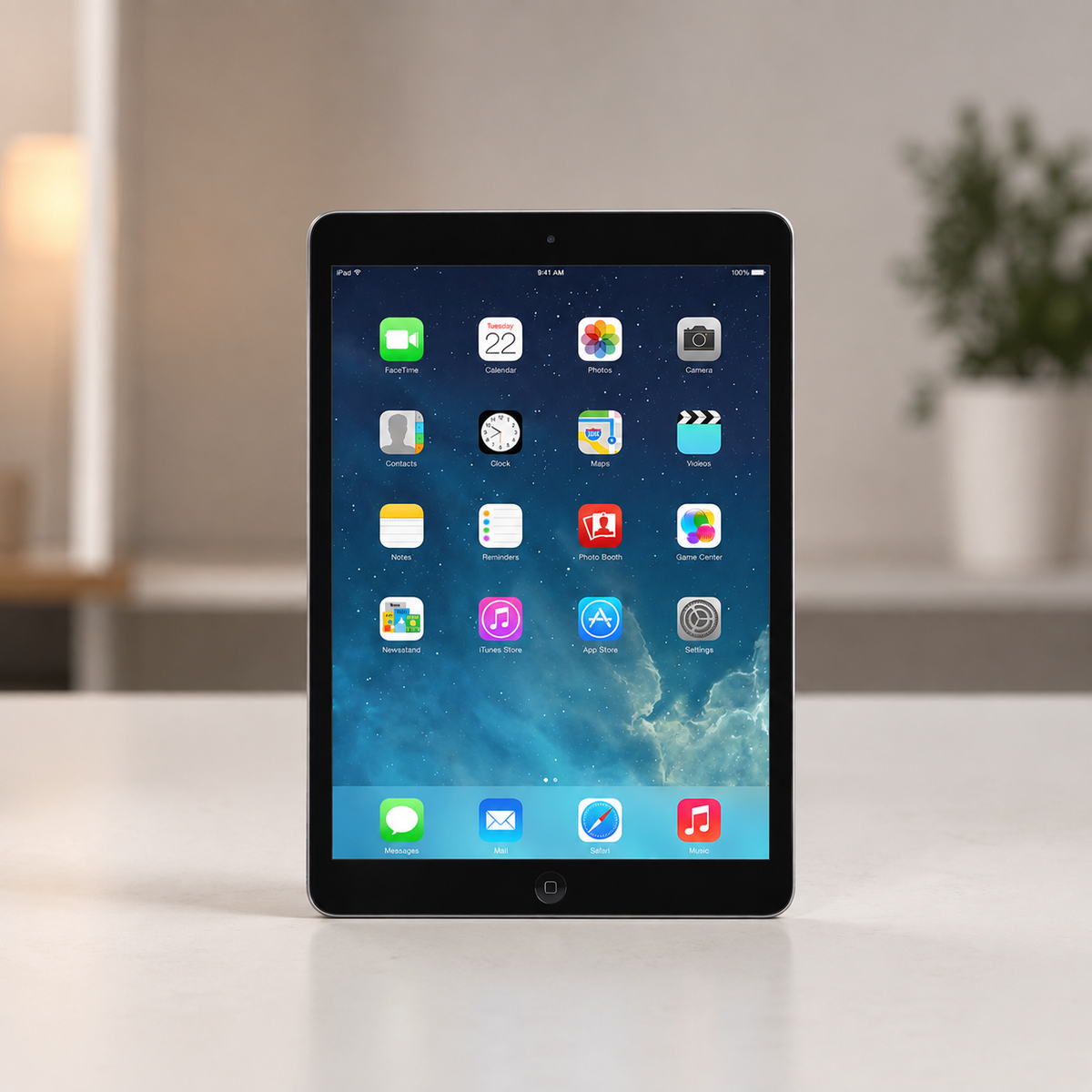 Apple iPad 2 Space Gray front view showing iOS 7 home screen with apps on white surface