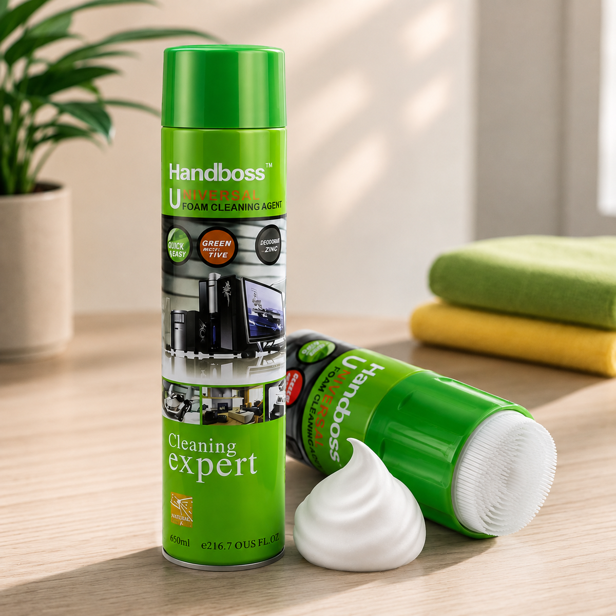 Handboss Universal Foam Cleaning Agent 650ml green spray can standing upright with foam dollop on wooden surface with plant in background