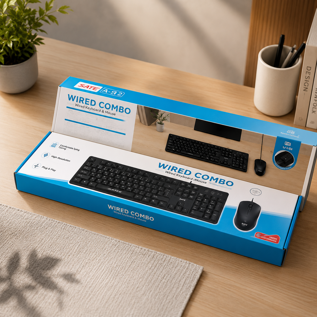 SATE A-42 wired keyboard and mouse combo in original blue retail box on wooden desk with plant