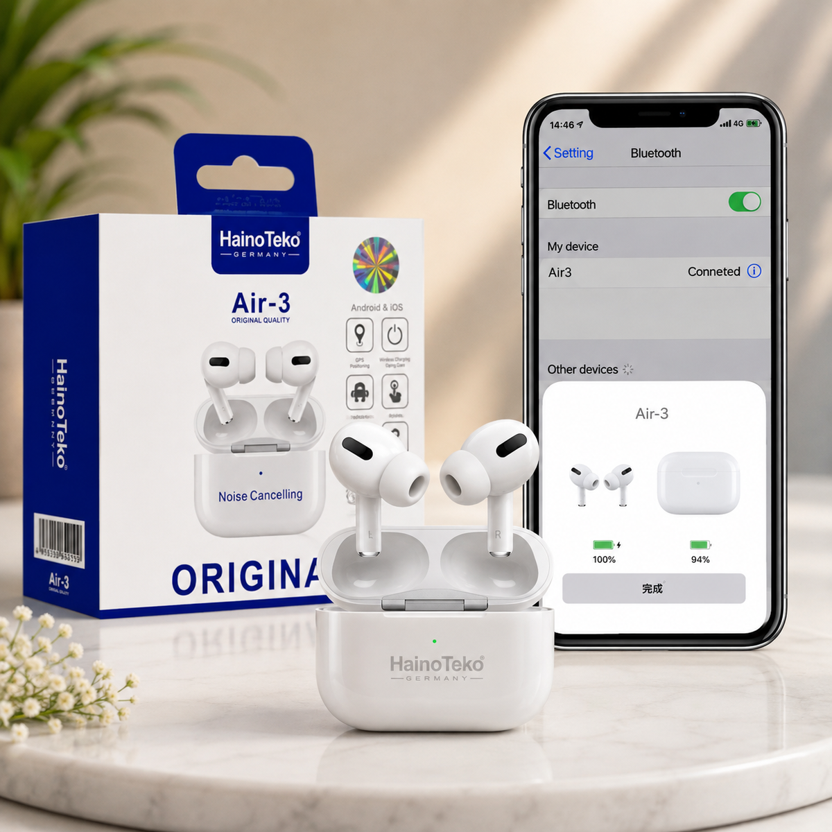 HainoTeko Air-4 TWS earbuds white with charging case, original box and iPhone showing Bluetooth pairing screen