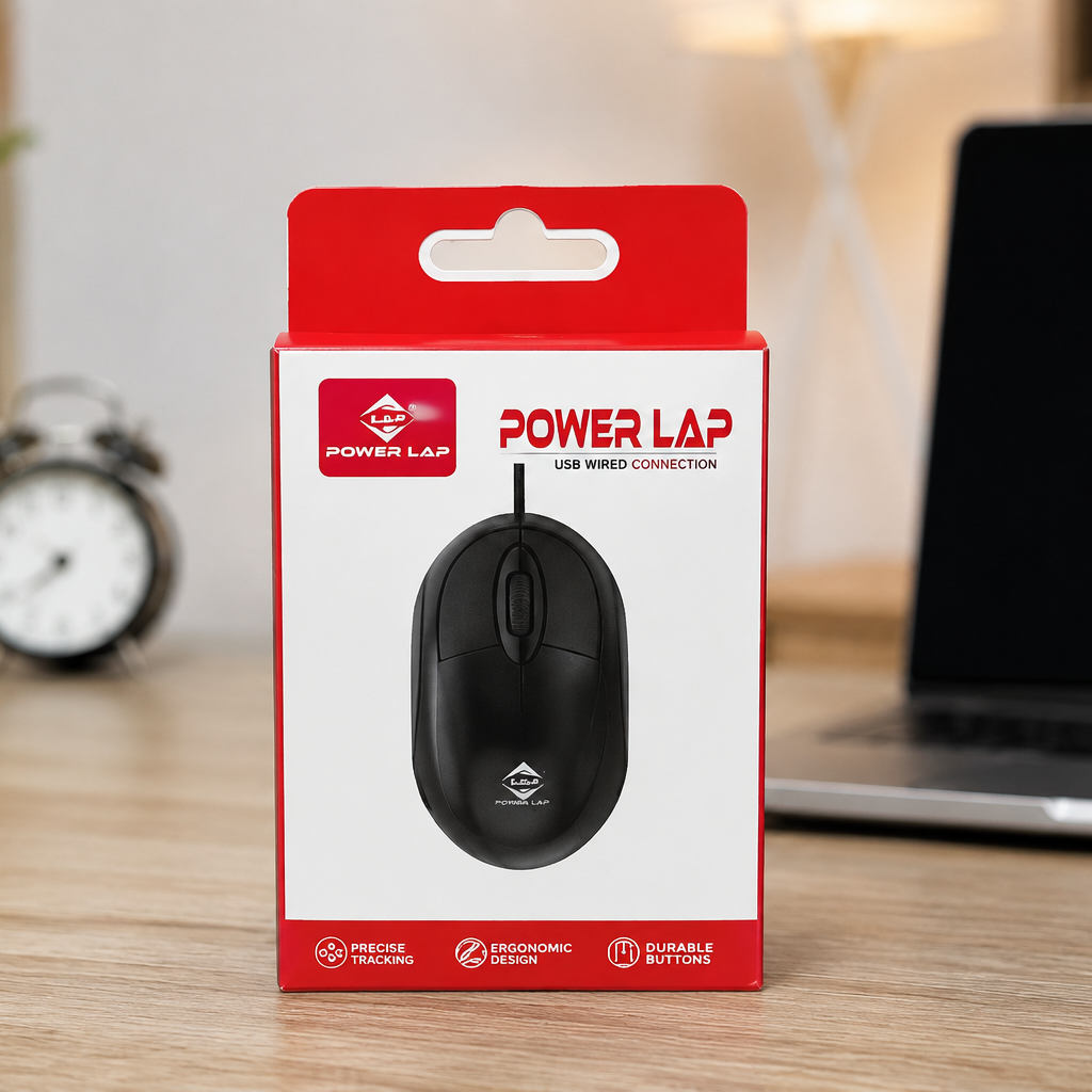 Power Lap USB wired mouse original red and white retail box on wooden desk with laptop and clock in background