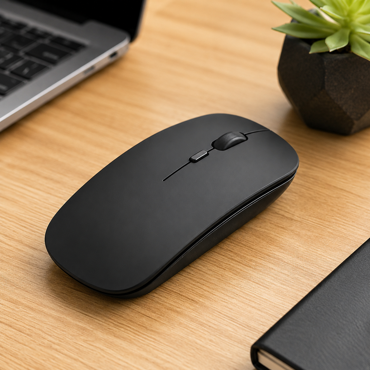 2.4GHz ultra-slim wireless optical mouse side angle view on white background showing slim matte black profile