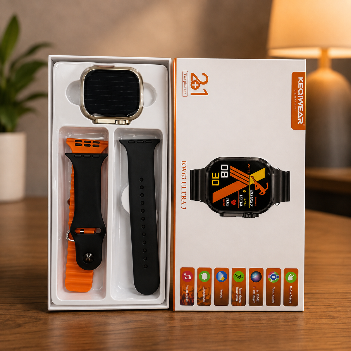 KEQIWEAR KW63 Ultra 3 unboxed showing gold case watch with orange and black sport straps in original packaging