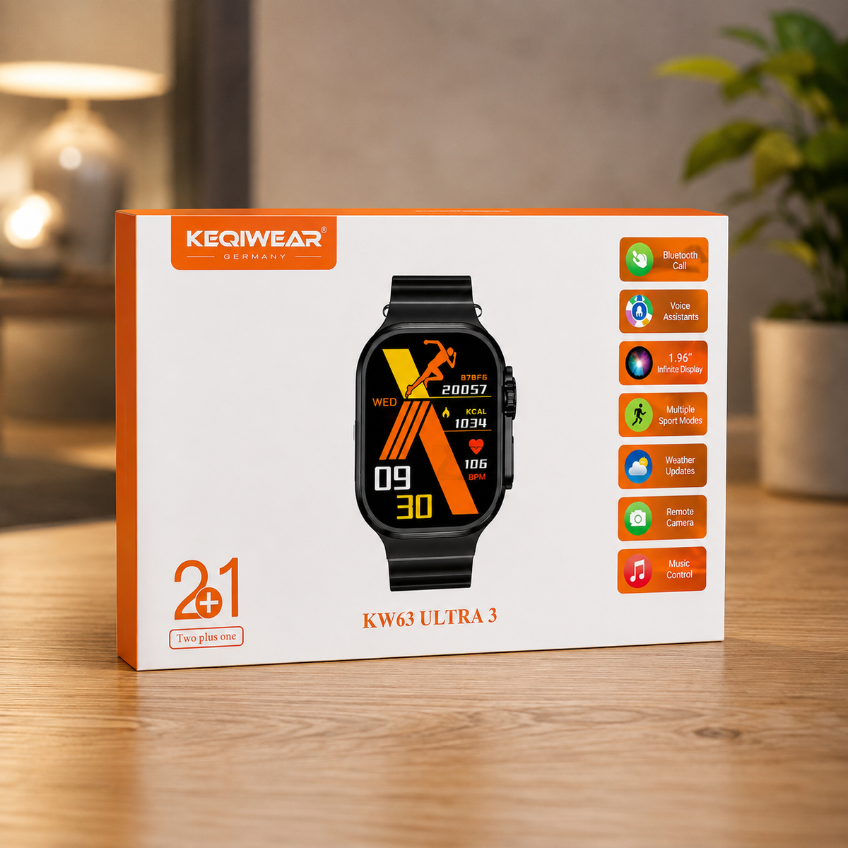 KEQIWEAR KW63 Ultra 3 smartwatch box showing features - Bluetooth Call, Voice Assistant, 1.96" display, Sport Modes, Weather, Remote Camera, Music Control