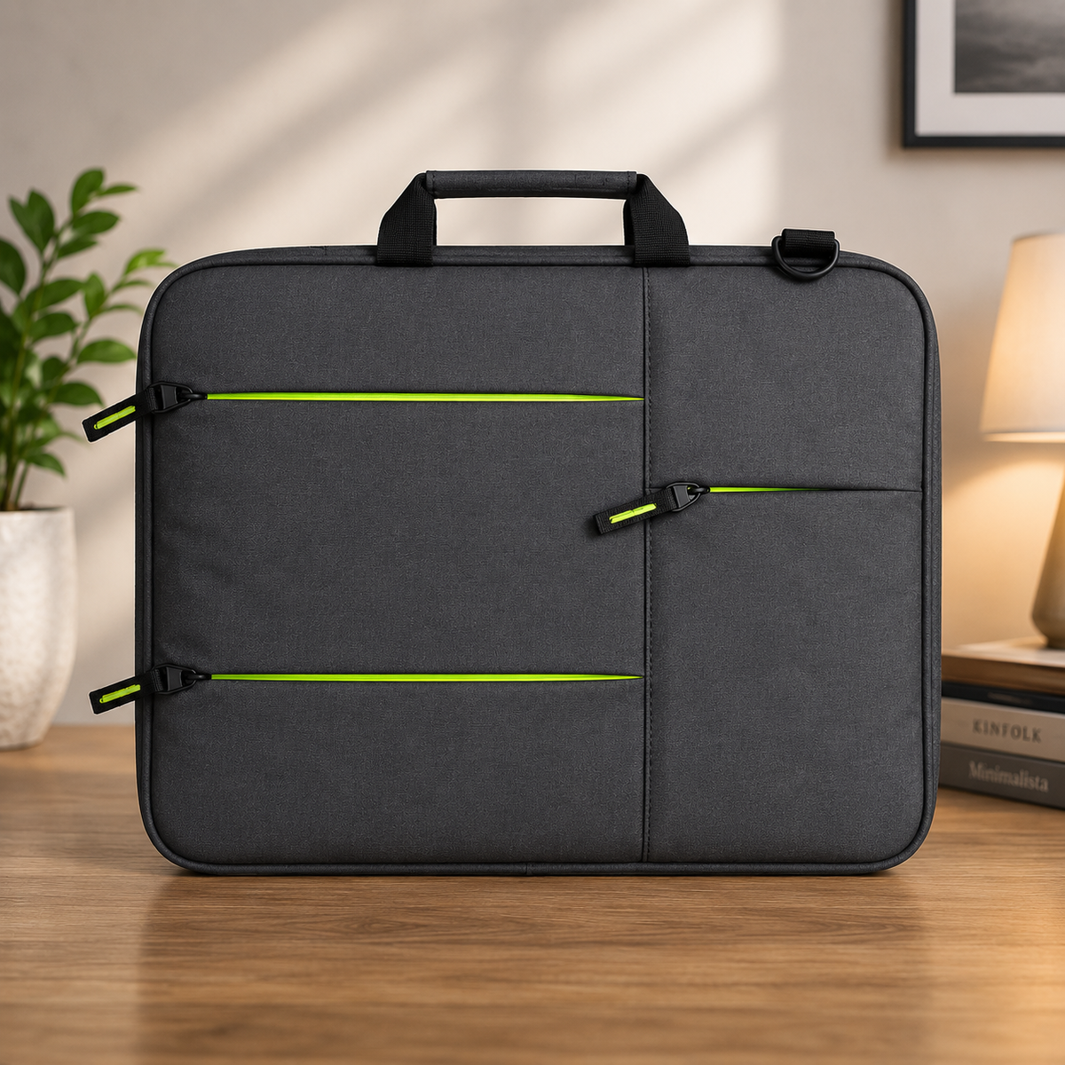 Dark Grey Laptop Bag with Green Zipper Front View