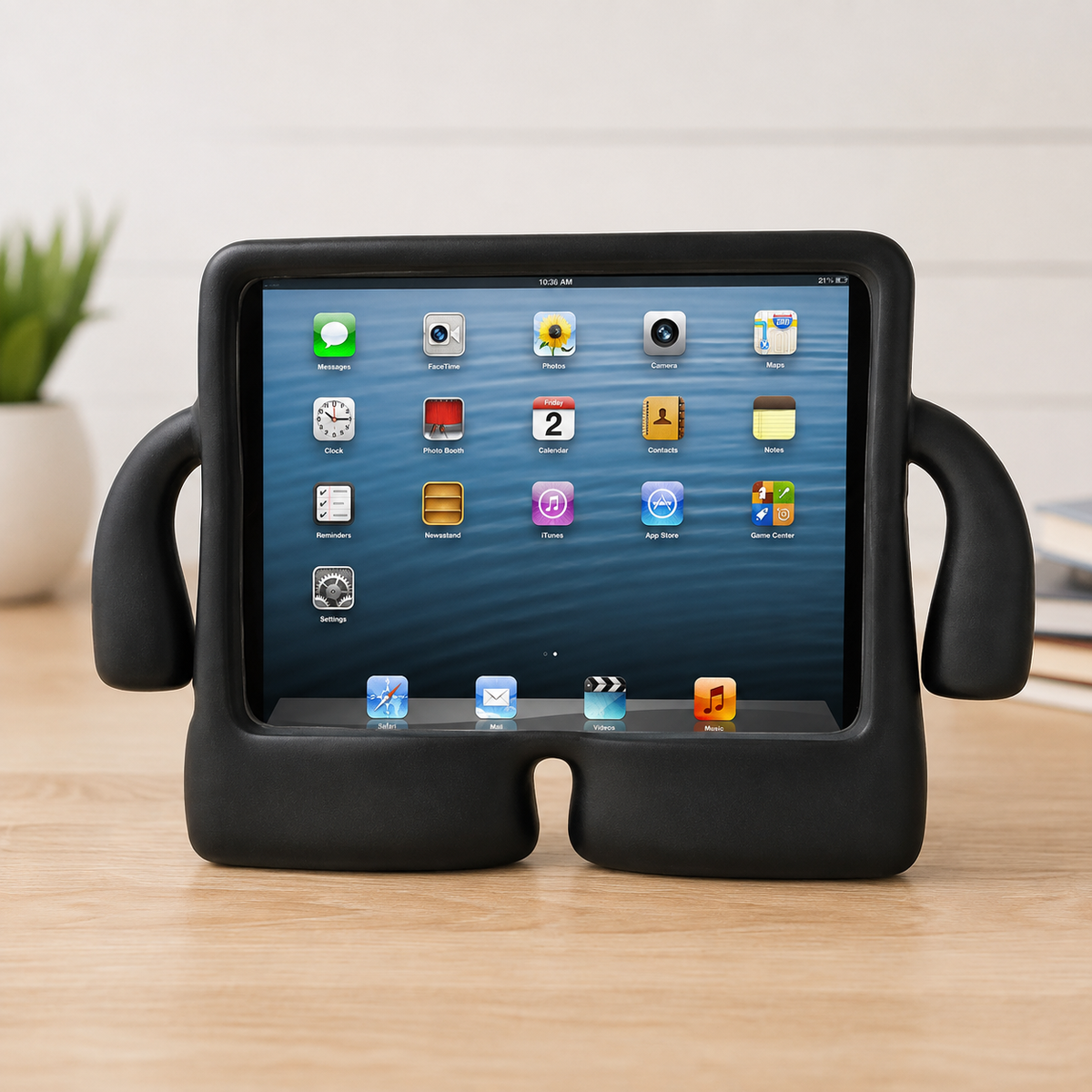 Kids iGuy shockproof iPad case black in freestand mode on wooden desk with plant in background
