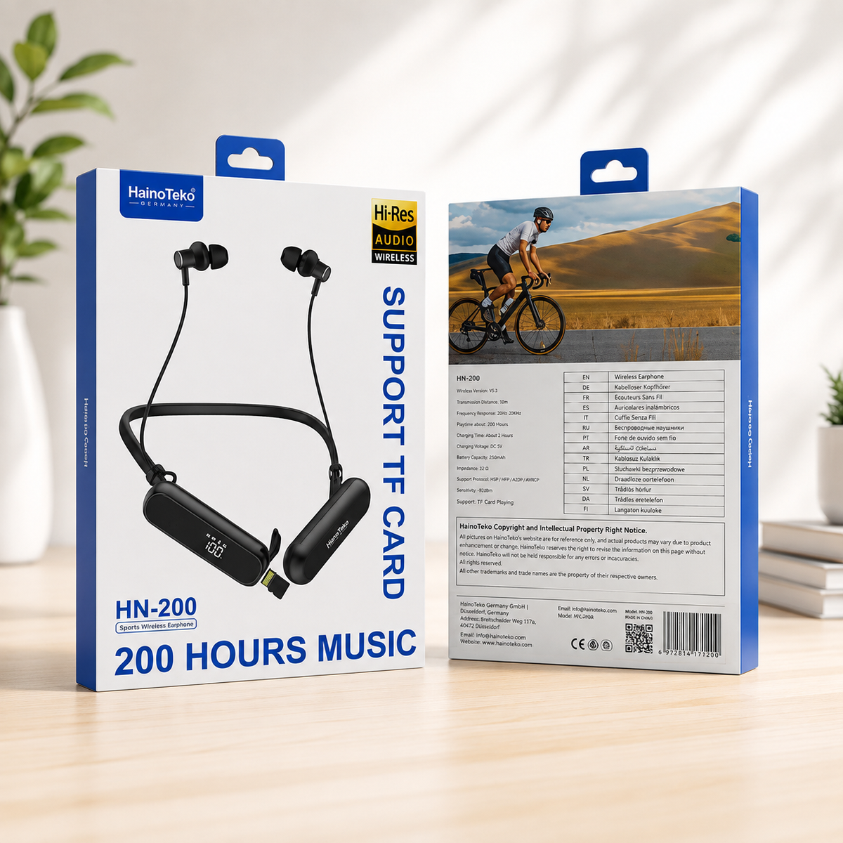 HainoTeko HN-200 neckband wireless earphone original box front and back lifestyle shot on wooden desk with plants in background