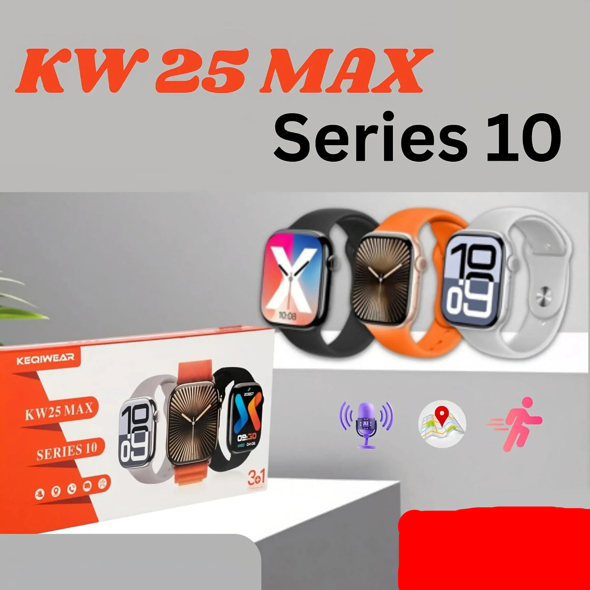 KEQIWEAR KW25 Max Series 10 smartwatch showing 4 color variants - black, gold, orange, silver - with original box