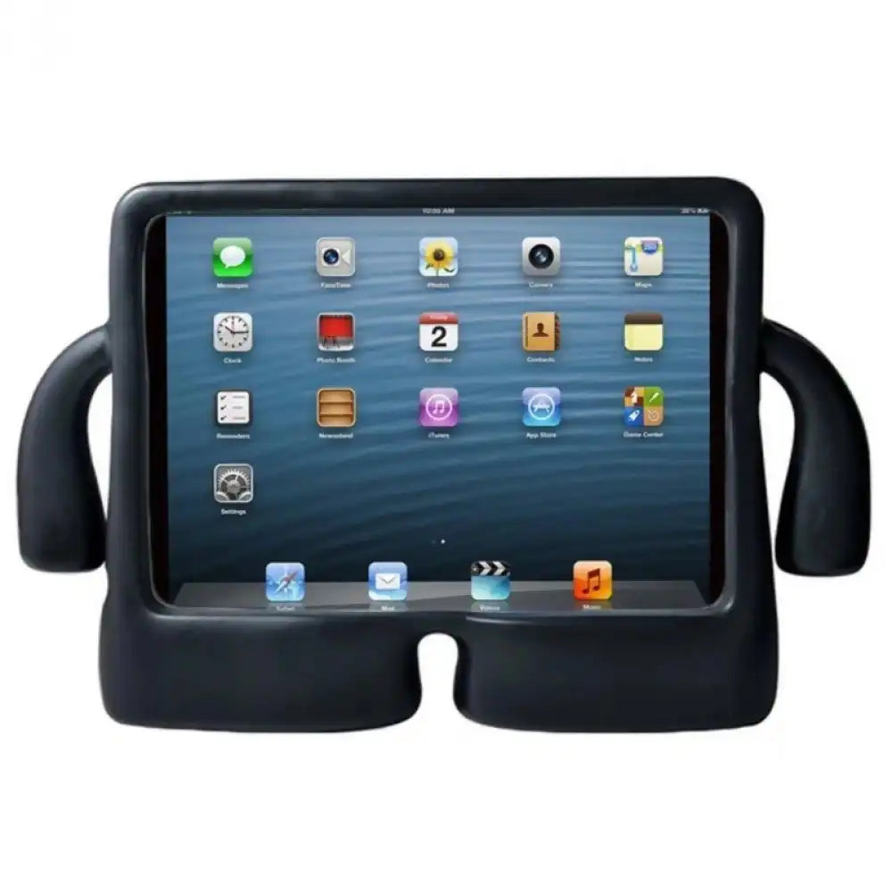 Kids iGuy shockproof iPad case black front view showing iPad with iOS home screen on white background