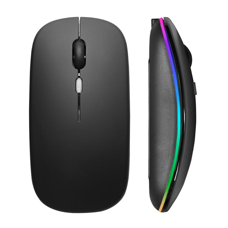 Enet wireless RGB mouse top and side view showing matte black body with rainbow RGB lighting on white background