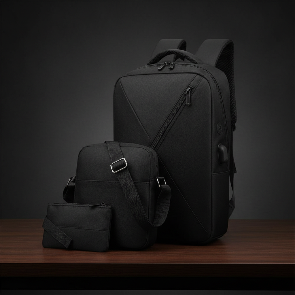 3-in-1 V-design laptop backpack set all black showing backpack with V-zip, crossbody bag and wallet pouch on wooden table with dark background