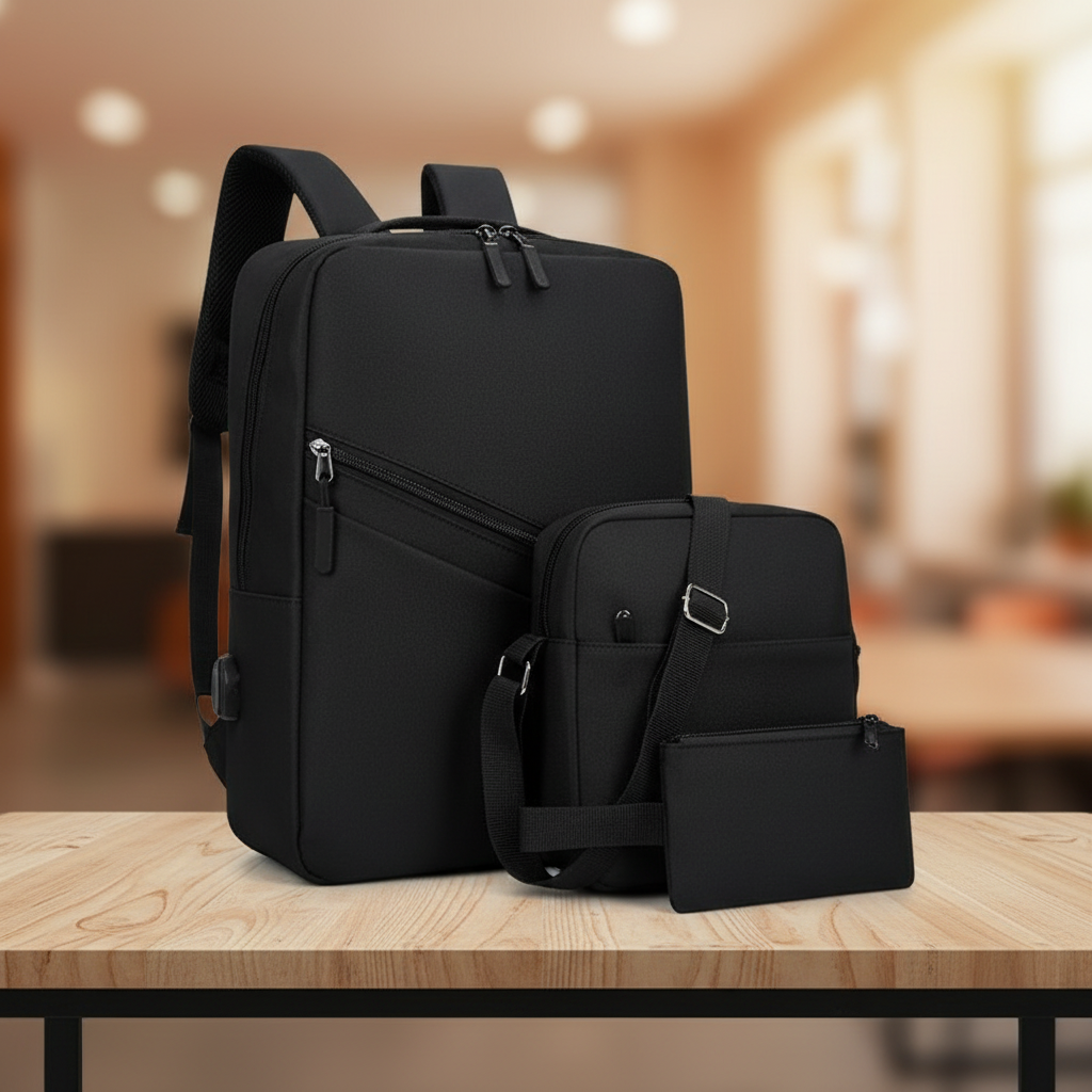 Premium 3-in-1 two-tone laptop backpack set all black showing backpack crossbody bag and wallet pouch on wooden table with blurred warm interior background