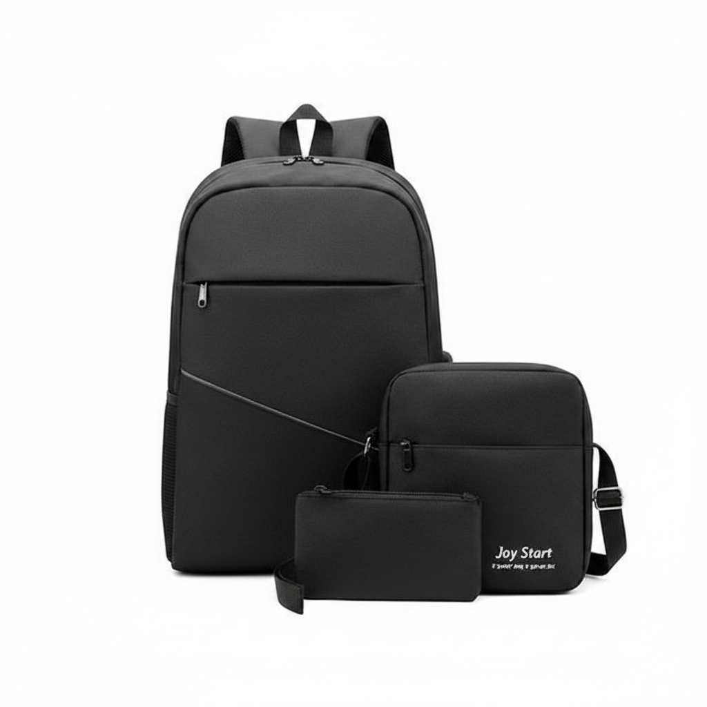 Joy Start 3-in-1 backpack set black color showing large backpack, crossbody shoulder bag and pencil pouch on white background
