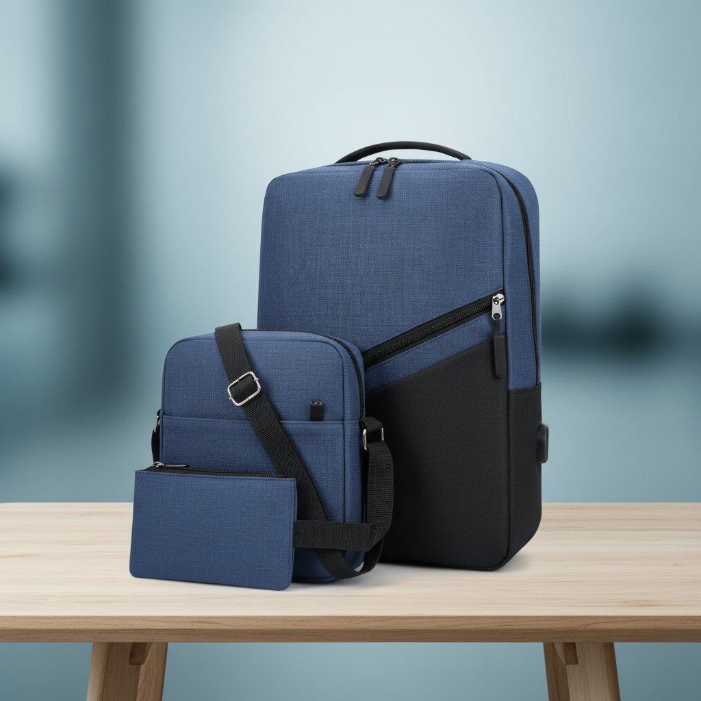 Premium 3-in-1 two-tone laptop backpack set blue and black showing backpack crossbody bag and wallet pouch on wooden table with blurred office background