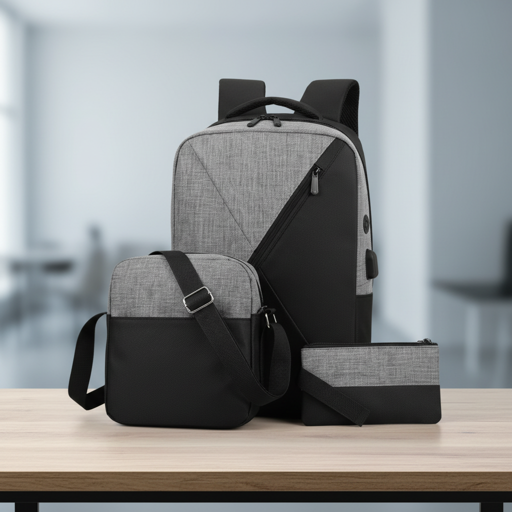3-in-1 V-design laptop backpack set gray and black showing backpack with V-zip, crossbody bag and wallet pouch on wooden table with light office background