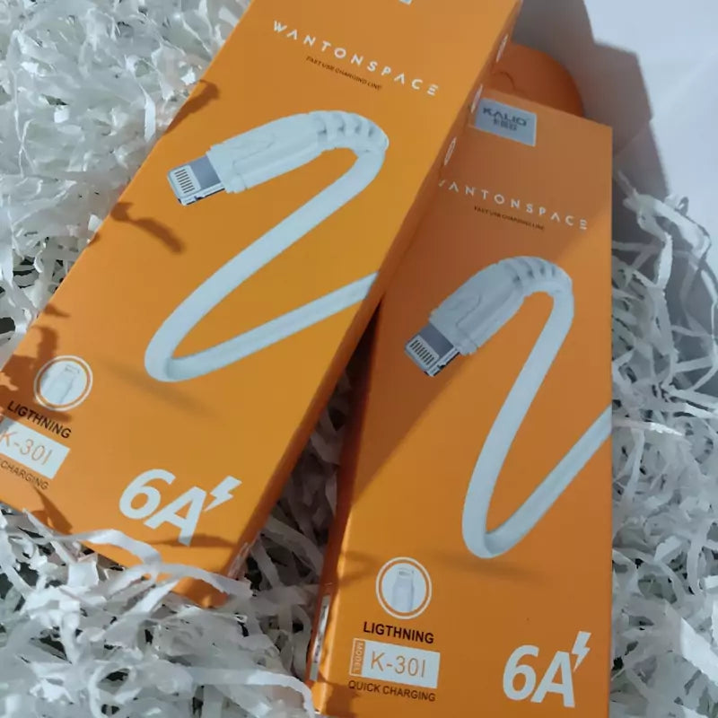Wantonspace K-301 Lightning 6A fast data cable two orange boxes on white shredded paper packaging