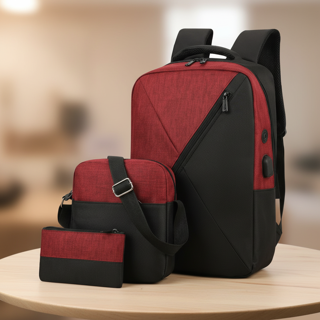 3-in-1 V-design laptop backpack set red and black showing backpack with V-zip, crossbody bag and wallet pouch on round wooden table with warm background