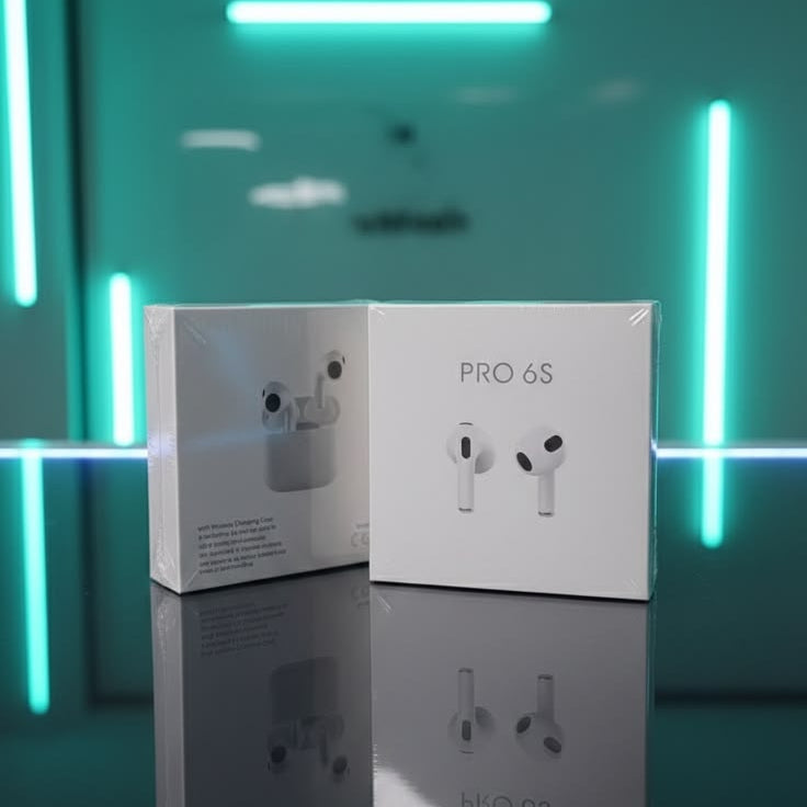 Pro 6S TWS earbuds original white box front and back view on reflective surface with neon green ambient lighting