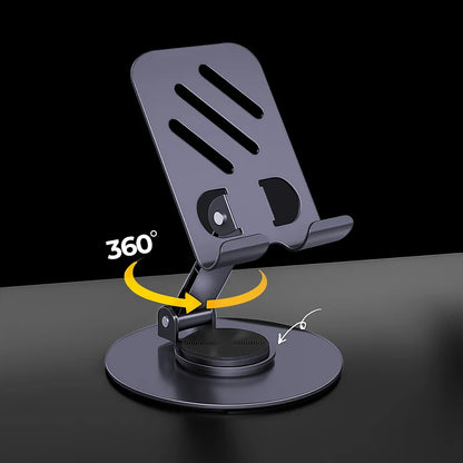CY010 360 degree rotating collapsible metal phone stand dark gray showing 360 rotation arrow on black background