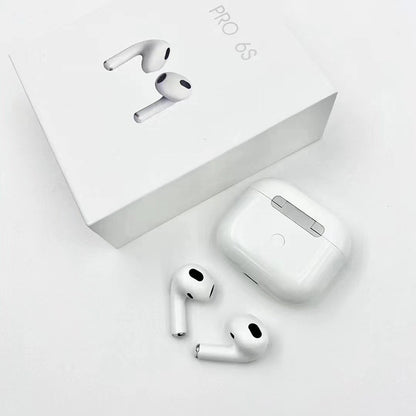 Pro 6S TWS earbuds unboxed showing white earbuds and charging case beside original white box on white surface