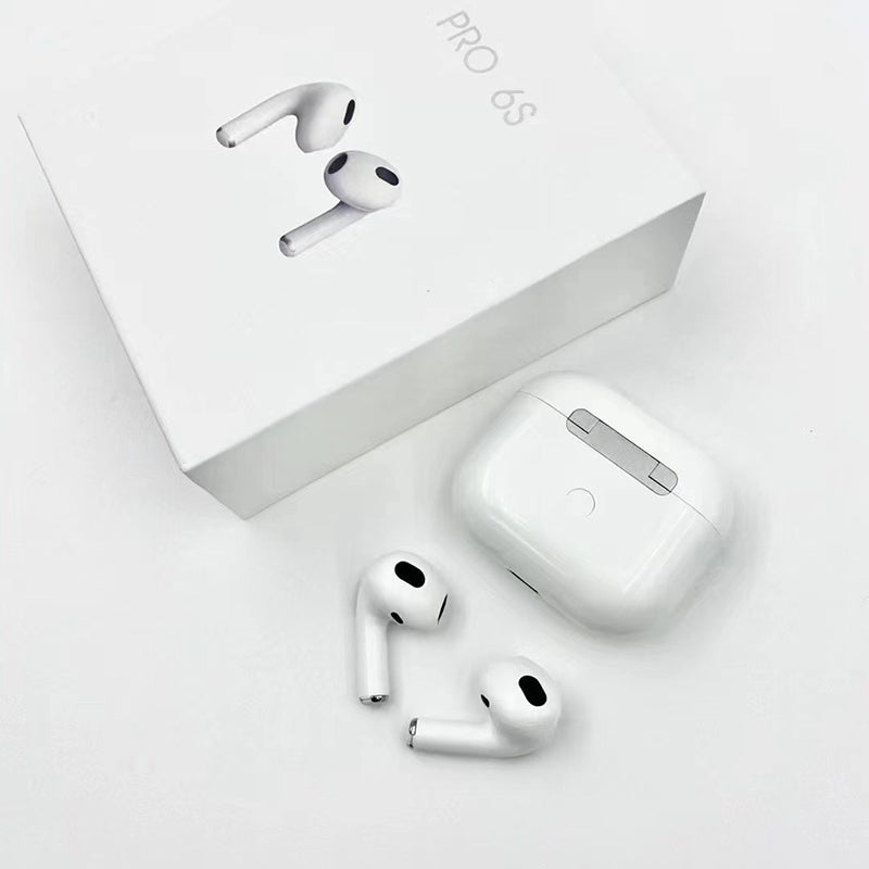 Pro 6S TWS earbuds unboxed showing white earbuds and charging case beside original white box on white surface