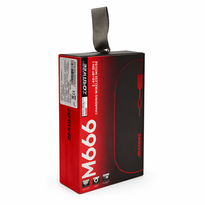 Zornwee M666 original red and black retail box back view showing 2.4G + Bluetooth 2-in-1 charging wireless mouse