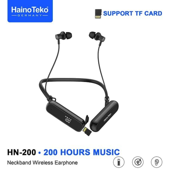 HainoTeko HN-200 neckband wireless earphone product shot showing LED display module, earbuds and neckband design on white background