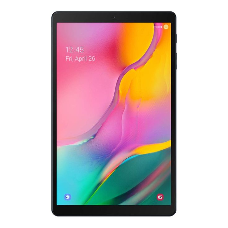 Samsung Galaxy Tab A Black front view showing colorful Android wallpaper on white background
