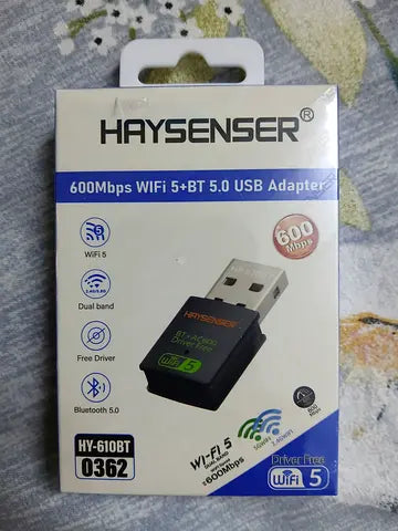 Haysenser HY-610BT 600Mbps WiFi 5 + Bluetooth 5.0 USB adapter original retail box showing WiFi 5, Dual Band, Free Driver, Bluetooth 5.0 features