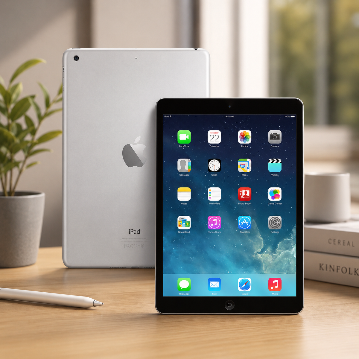 Apple iPad 2 Space Gray front and back view showing iOS home screen with Apple Pencil on wooden desk
