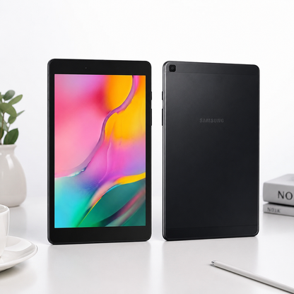 Samsung Galaxy Tab A Black front and back view showing colorful Android wallpaper and Samsung logo on white desk