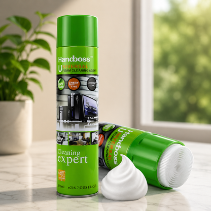 Handboss Universal Foam Cleaning Agent 650ml two cans with foam on marble surface near window with natural light