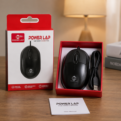 Power Lap USB wired mouse unboxed showing black mouse, USB cable and user manual beside original red box on wooden desk