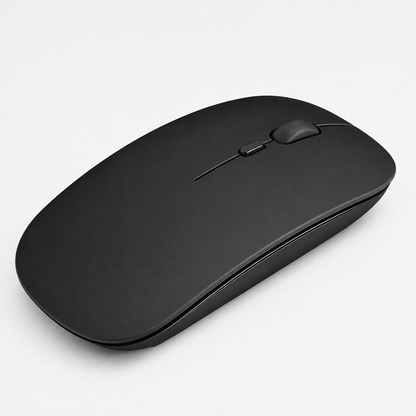 2.4GHz ultra-slim wireless optical mouse on wooden desk beside laptop and plant showing lifestyle setup