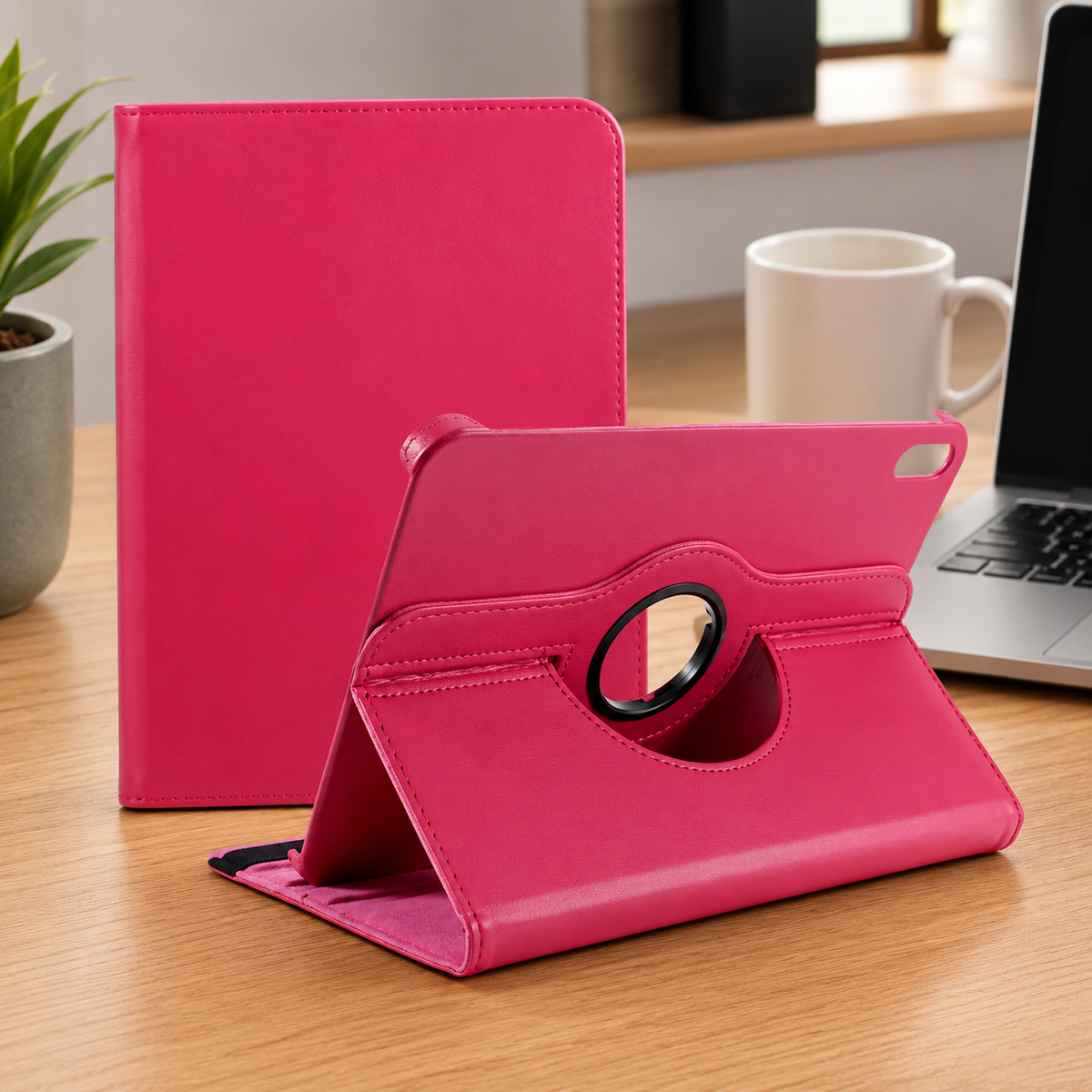 360 degree rotating iPad flip cover hot pink color showing closed and stand mode on wooden desk with laptop and plant