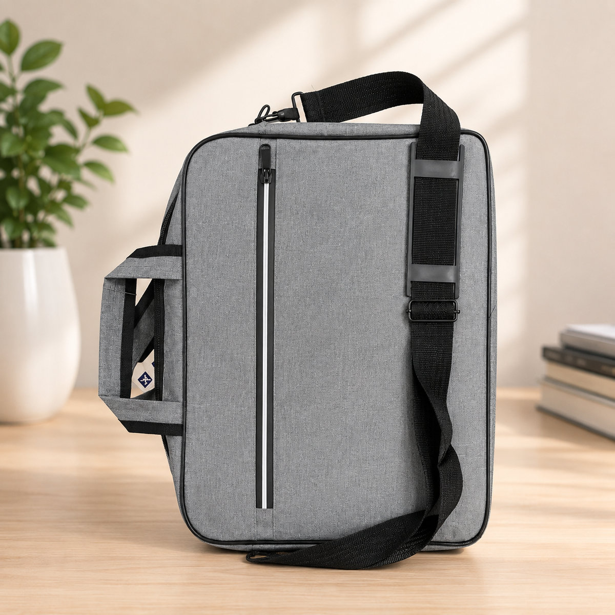 Premium slim laptop shoulder bag gray structured briefcase style angle view on wooden desk with plant and books showing front zip pocket and side mesh pocket