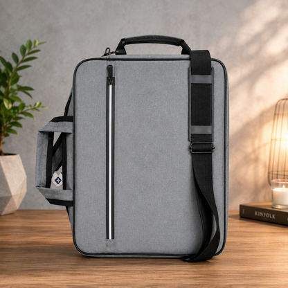 Premium slim laptop shoulder bag gray structured briefcase style on wooden desk with plant and candle lamp in background showing top handle and shoulder strap