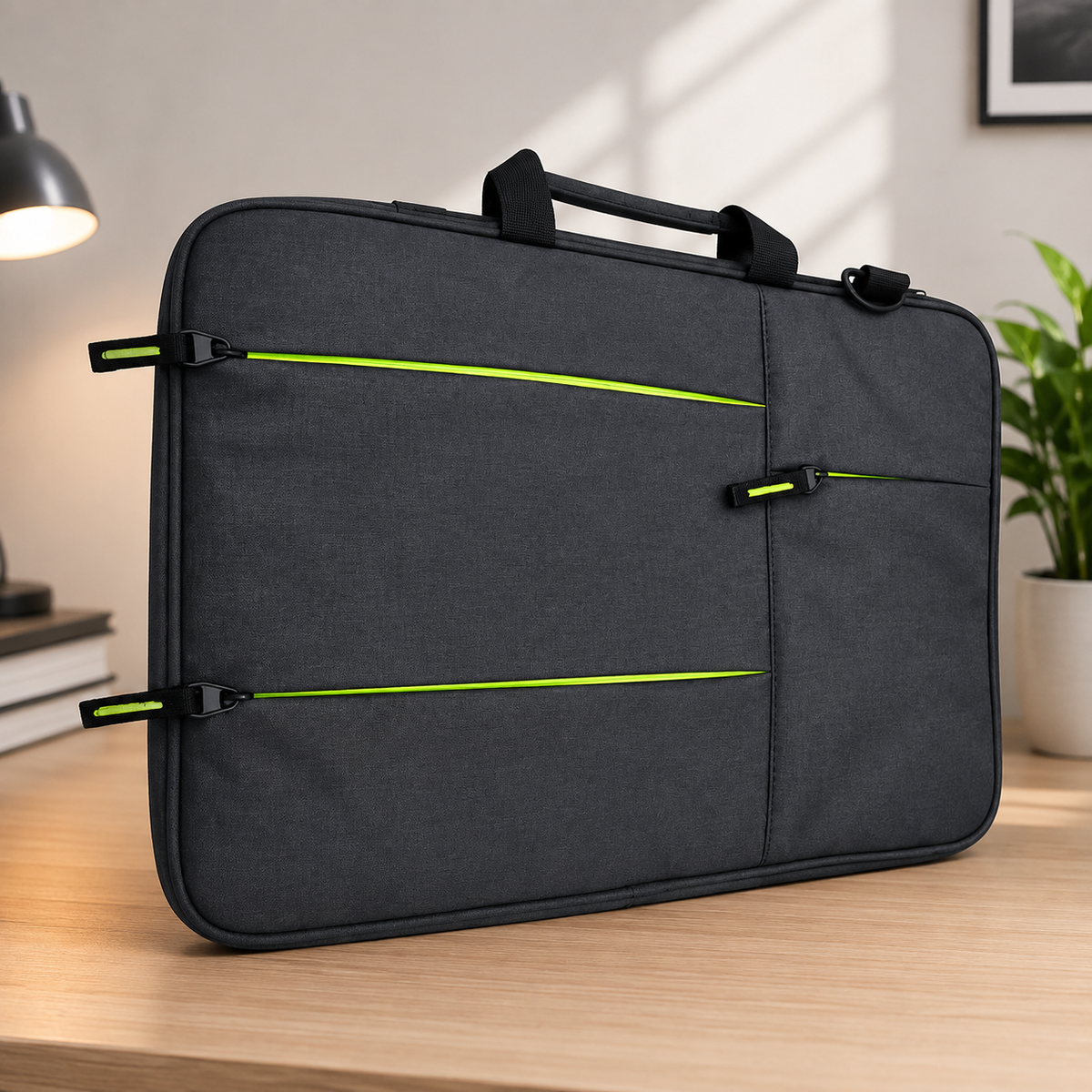 Dark Grey Laptop Bag with Green Zipper Side View