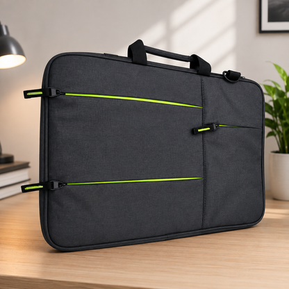 Dark Grey Laptop Bag with Green Zipper Side View