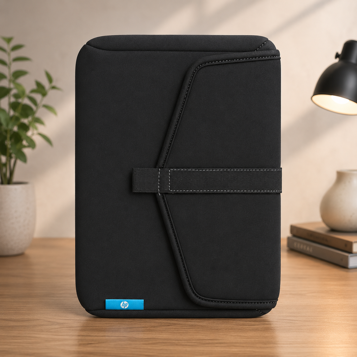 HP Black Neoprene Laptop Sleeve with Blue Logo and Elastic Strap