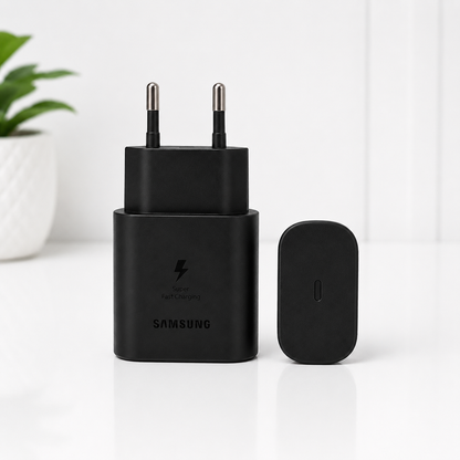 Samsung 45W PD USB-C Super Fast Charging adapter black with USB-C cap on white surface with plant in background