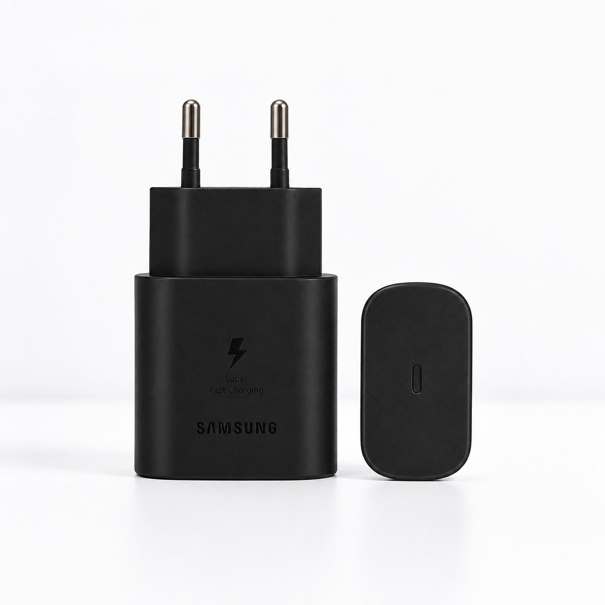 Samsung 45W PD USB-C Super Fast Charging adapter black with USB-C cap on clean white background