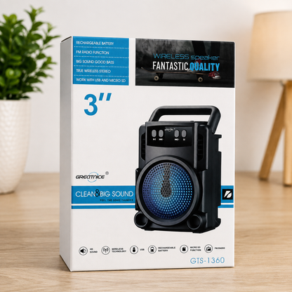 Greatnice GTS-1360 3 inch Bluetooth speaker original retail box on wooden desk with plant and lamp in background showing all features