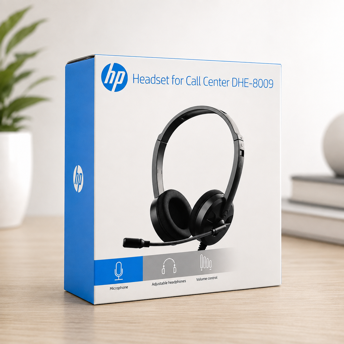 HP DHE-8009 call center headset original blue and white HP retail box on wooden desk with plant and books in background